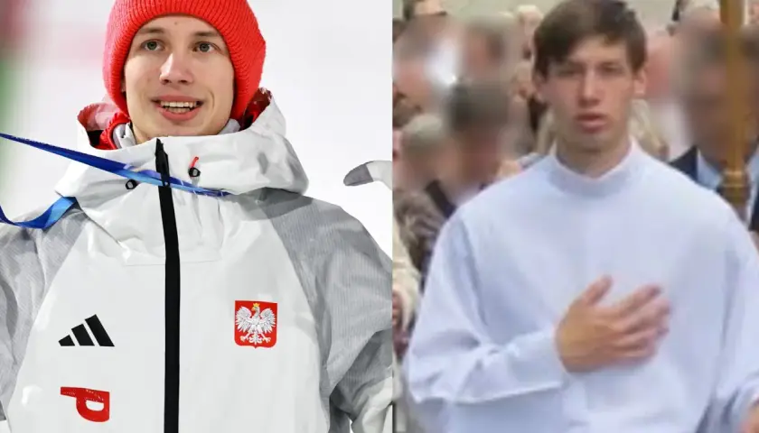 Kacper Tomasiak w stroju olimpijskim i w białej koszuli, jakby na ślubie.