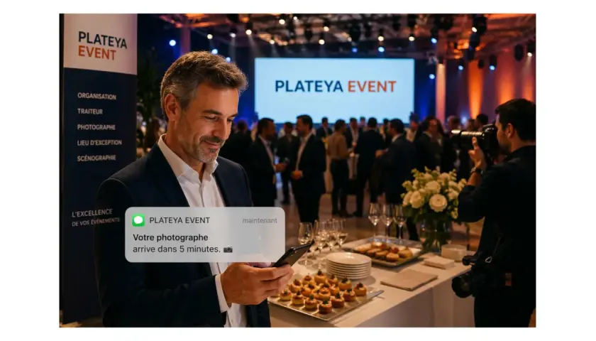 Un homme regarde son téléphone lors d'un événement d'entreprise. Le traiteur propose des amuse-bouches. Le prix moyen par personne est abordable pour ce type de prestation.