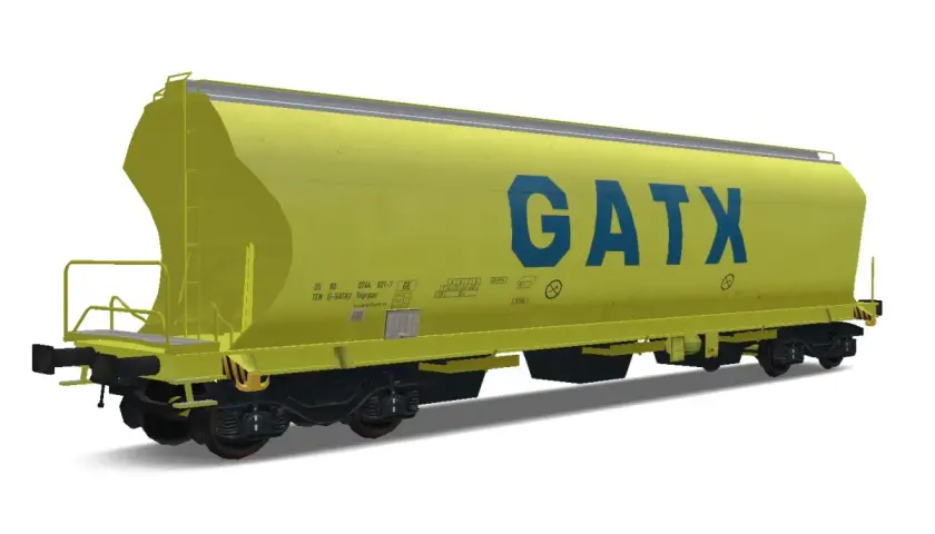 Żółty wagon kolejowy GATX, z niebieskim napisem. Zastanawiasz się, ile waży wagon kolejowy? Ten model jest gotowy do transportu!