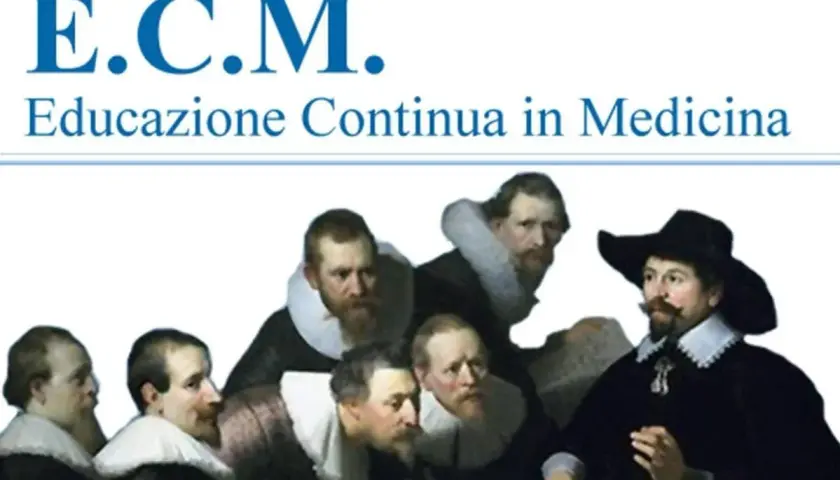 Gruppo di uomini in abiti storici, con testo "E.C.M. Educazione Continua in Medicina". L'autoformazione medica è un percorso continuo.