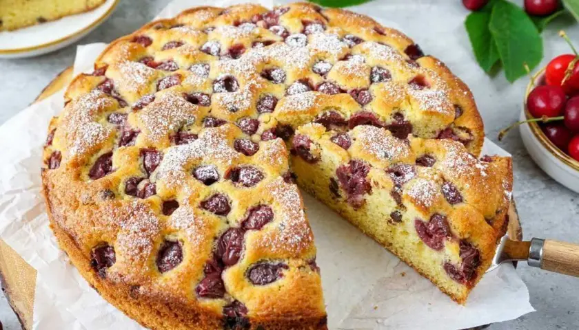 Saftiger Kirschkuchen, perfekt für jedes Kirschkuchen Rezept. Mit Puderzucker bestäubt und voller Kirschen.