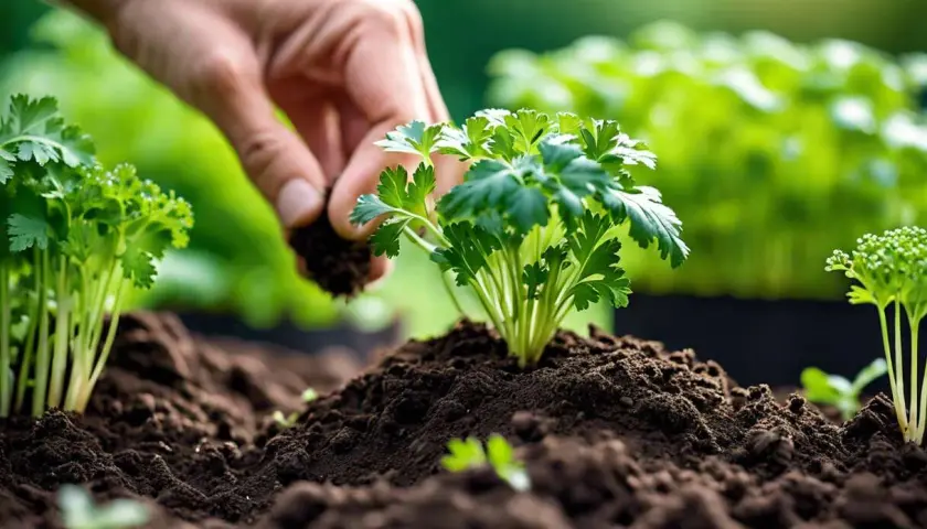 Main d'un jardinier ajoutant de la terre autour d'un jeune plant de persil, prêt à pousser.