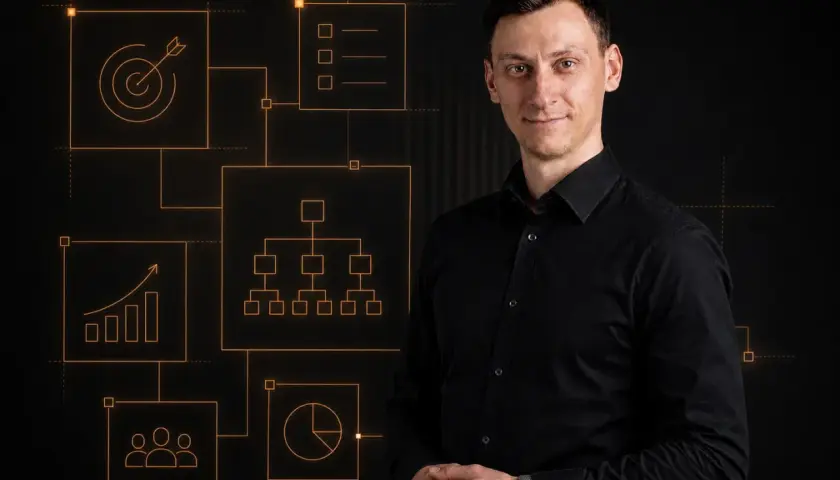 Mężczyzna w czarnej koszuli prezentuje schemat analizy celów, wzrostu, zespołu i danych. To kluczowe elementy audytu marketingowego.