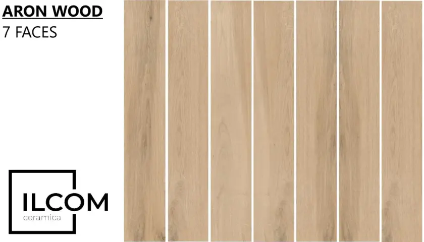 Posa gres effetto legno 20x120, serie Aron Wood, 7 facce diverse per un effetto naturale e caldo.