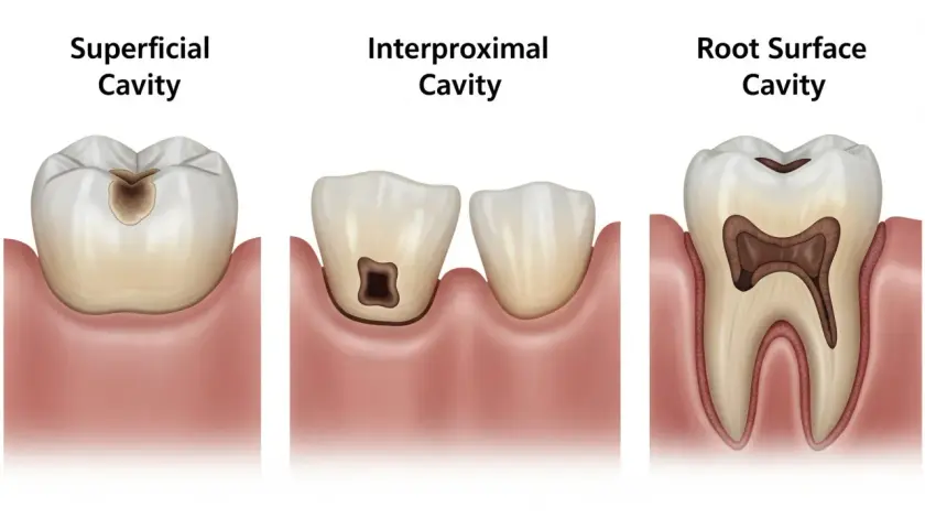 Illustrazione di carie superficiale, interprossimale e della radice. Le carie causano danni ai denti.