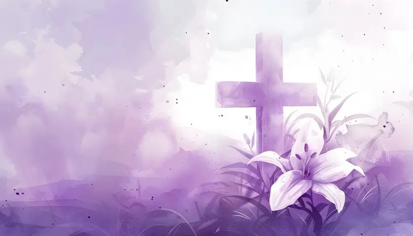 Fioletowy krzyż i lilia na tle akwarelowych chmur. Jak w psalm 86, nadzieja rozkwita.