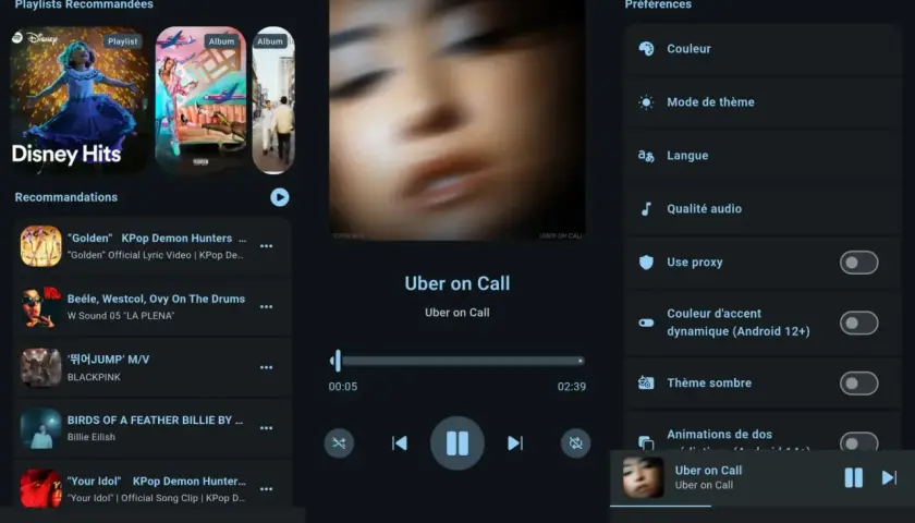 L'application Musify, une plateforme de musique open source, affiche des playlists recommandées, des suggestions de titres et les paramètres de l'application.