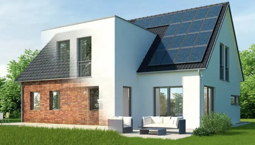 Nowoczesna dobudówka do starego domu z panelami słonecznymi i ceglaną ścianą. Projekty architektoniczne.