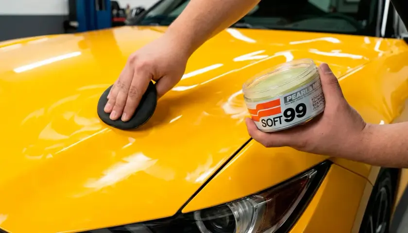 Aplikacja wosku na żółtą maskę samochodu. Dowiedz się, jak myć auto z powłoką ceramiczną, by zachować jej blask.