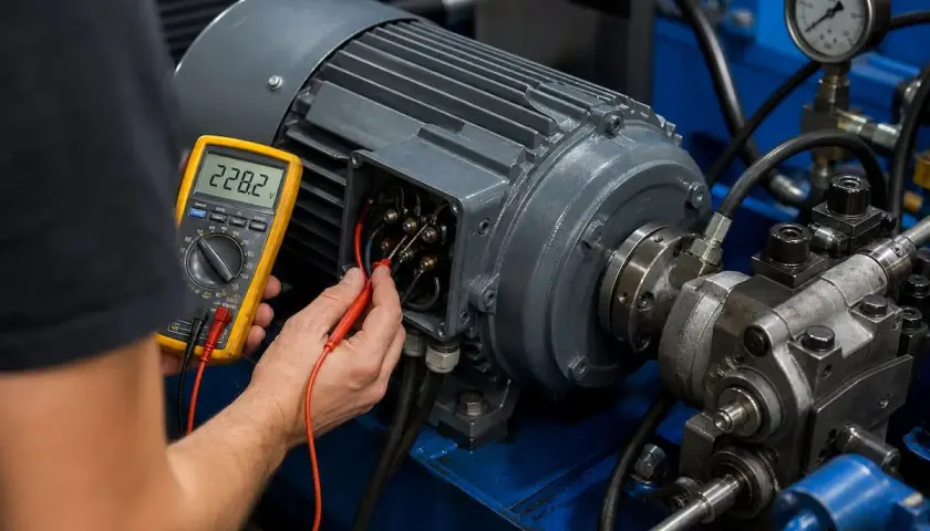 Elektryk sprawdza napięcie silnika, który zaraz sam wchodzi na wysokie obroty. Multimetr pokazuje 228.2V.
