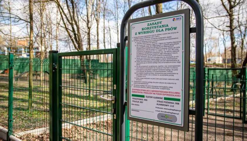Zielona brama do parku dla psów, z tablicą informującą o zasadach korzystania.