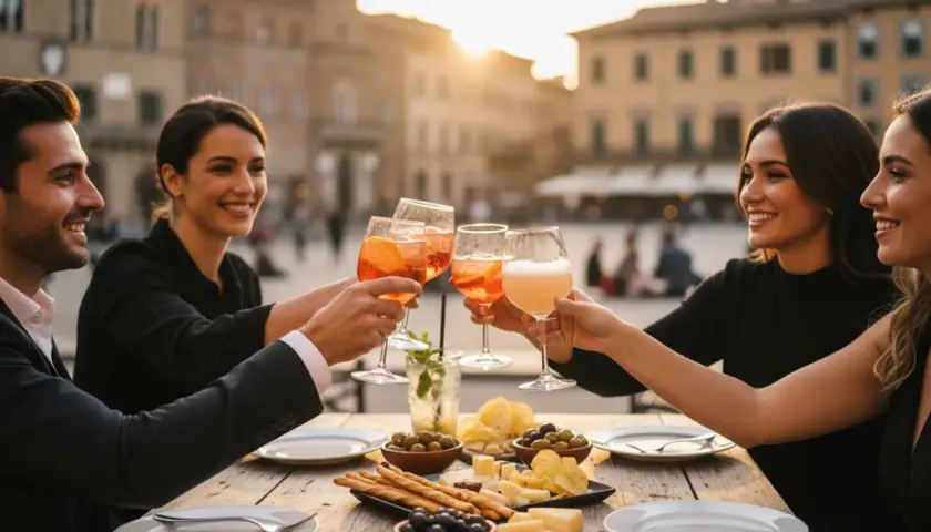 Un gruppo di amici brinda con cocktail colorati durante un happy hour all'aperto, con stuzzichini e formaggi sul tavolo.
