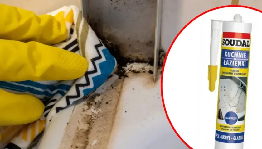 Rękawiczki i ściereczka czyszczą pleśń przy wannie. Obok tubka silikonu sanitarnego Soudal do kuchni i łazienek.