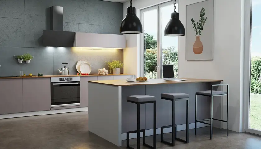 Nowoczesna kuchnia z wyspą i trzema hokerami. Idealna wysokość hokera do blatu.