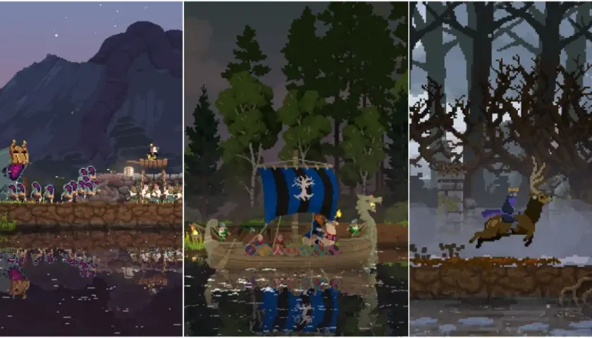 Obrazki z gry Kingdom Two Crowns. Poradnik pokazuje różne sceny: potwora i armię, łódź wikingów i króla na łosiu.