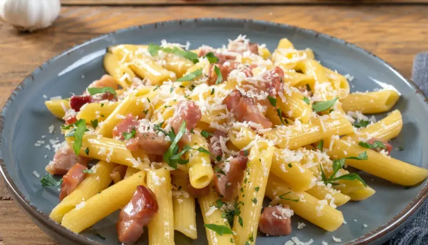 Penne rigate z chrupiącym boczkiem, posypane parmezanem i natką pietruszki. Idealne makaron z boczkiem na szybki obiad.