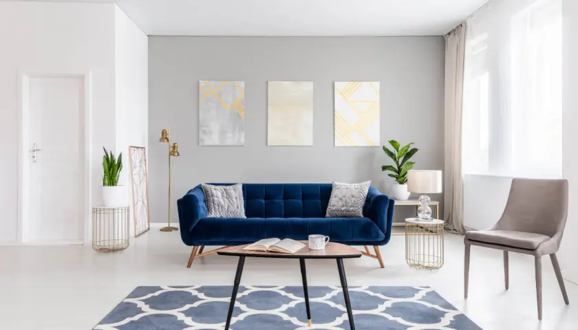 A stylish living room with a deep blue velvet sofa. Learn how to wash velvet to keep it looking luxurious.