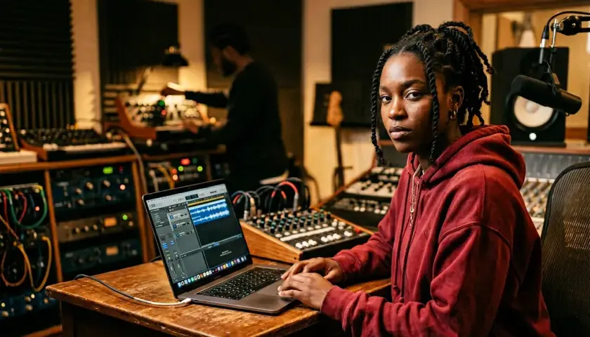 Jeune femme dans un studio d'enregistrement, travaillant sur un ordinateur portable affichant une piste audio. Elle finalise son contrat de distribution musique.