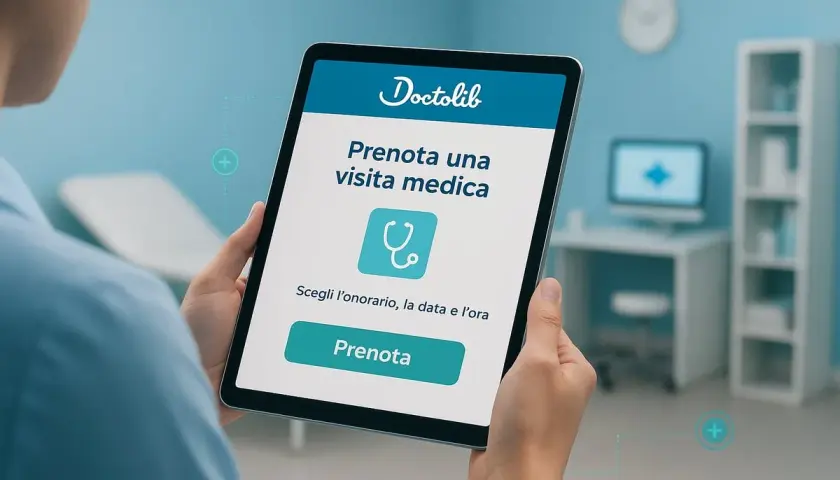Una persona usa un tablet per prenotare una visita medica tramite Doctolib. L'app mostra "Prenota una visita medica" e un pulsante "Prenota".