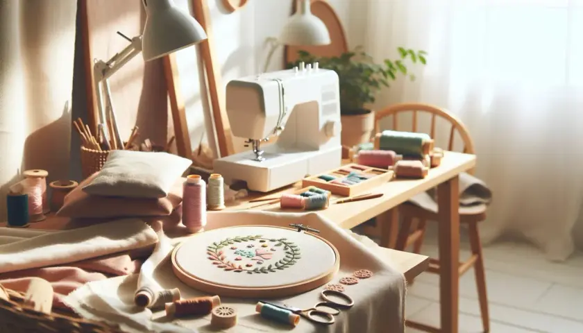 Un atelier de couture lumineux avec une machine à coudre, des fils colorés et un cercle de broderie orné d'un joli point de broderie floral.