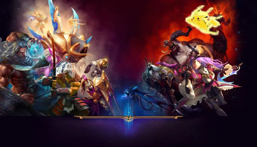 Bohaterowie z gier MOBA walczą w epickiej bitwie. Po lewej Zeus i jego sojusznicy, po prawej potwory i Pikachu.