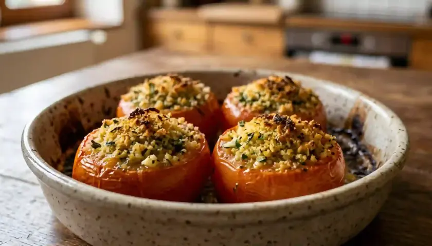 Quatre tomates provençales garnies d'une chapelure dorée et d'herbes fraîches, servies dans un plat en céramique.