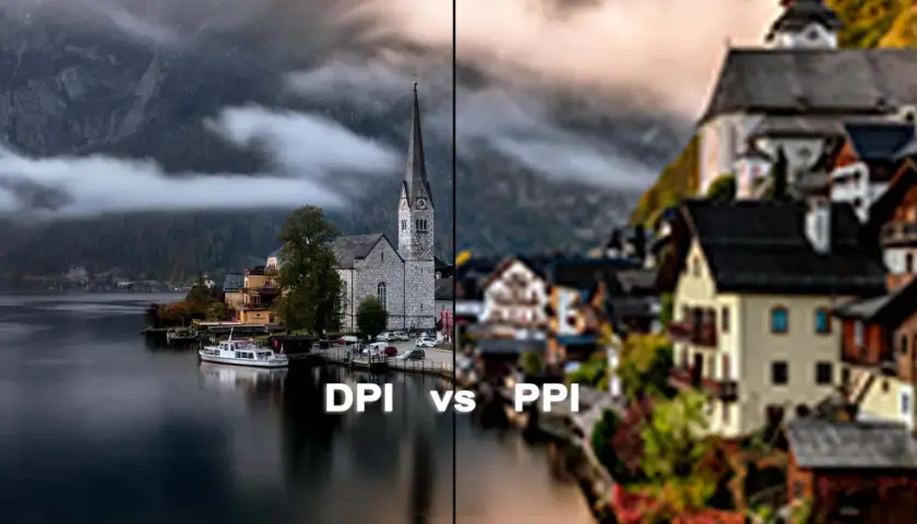 DPI vs PPI: porównanie rozdzielczości zdjęć. Po lewej ostry obraz z kościołem nad jeziorem, po prawej rozmyty widok miasta.