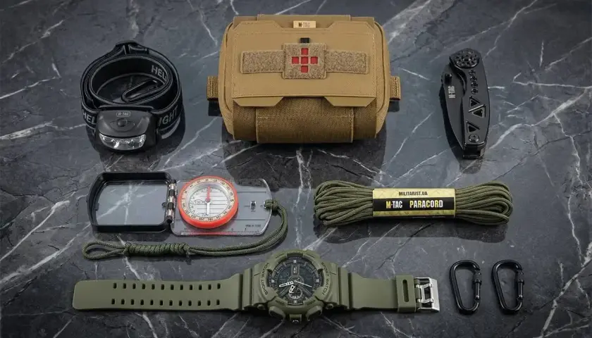 Zestaw przetrwania preppersa: latarka czołowa, apteczka, kompas, nóż, paracord, zegarek i karabińczyki.