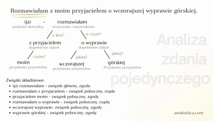 Analiza zdania pojedynczego: "Rozmawiałam z moim przyjacielem o wczorajszej wyprawie górskiej.