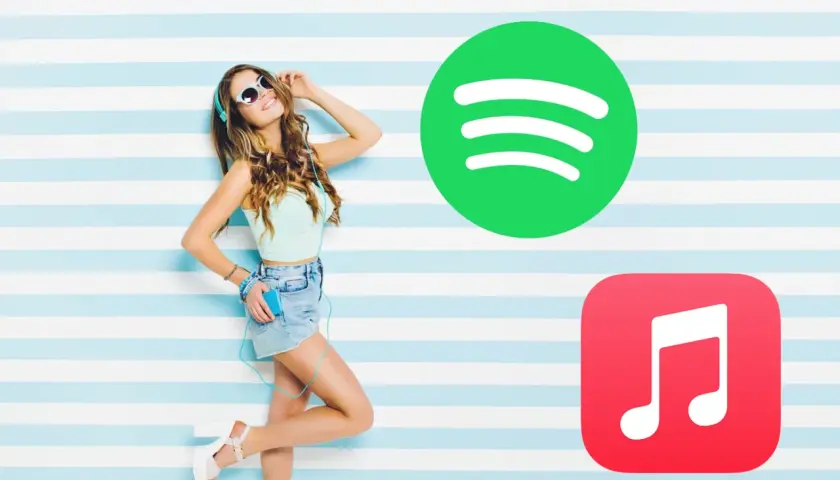 Dziewczyna w słuchawkach cieszy się muzyką, obok loga Spotify i Apple Music.