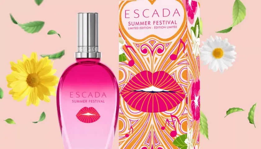 Perfumy Escada Summer Festival w różowej butelce z ustami. Gazetka sklepowa z tym produktem może być inspiracją na lato.