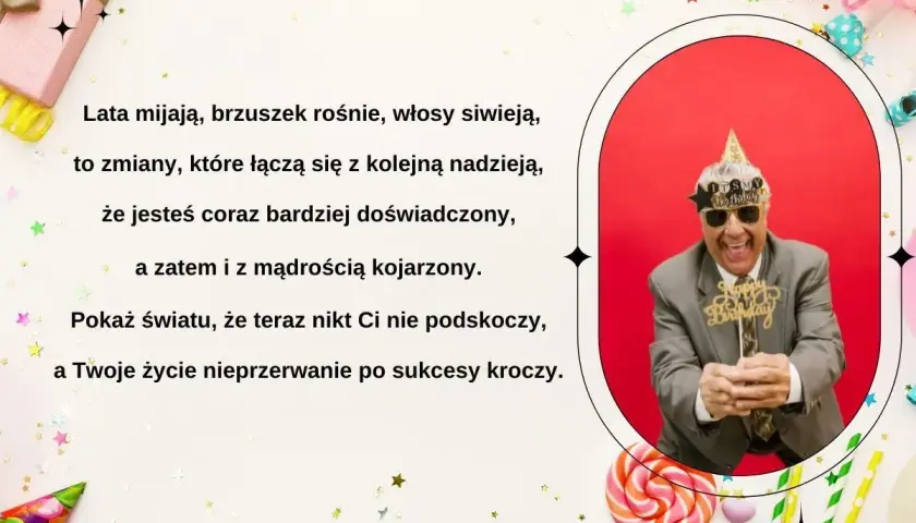 Śmieszne życzenia urodzinowe dla doświadczonego jubilata z wąsami i czapką "IT'S MY BIRTHDAY". Niech życie kroczy po sukcesy!
