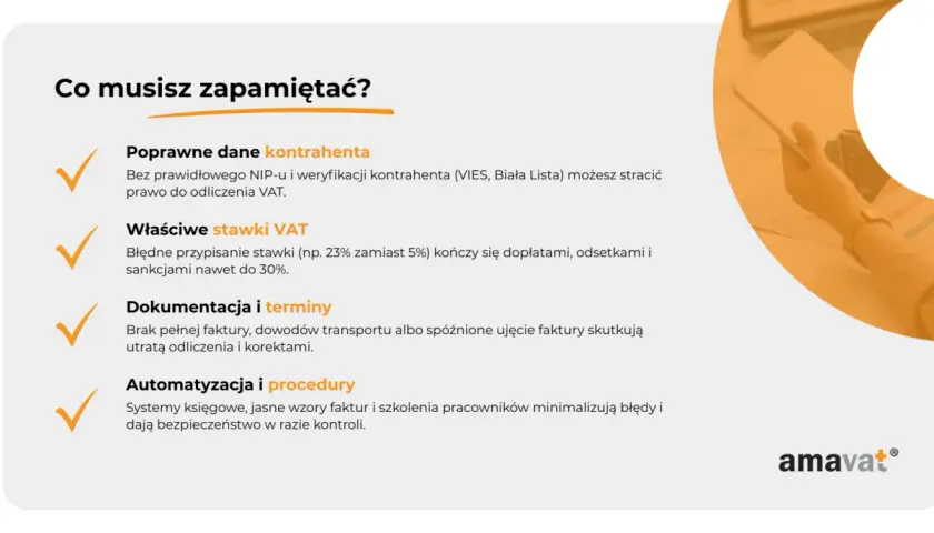Poprawne dane kontrahenta, stawki VAT, dokumentacja i terminy to klucz do uniknięcia problemów z odliczeniem VAT. Automatyzacja minimalizuje błędy.
