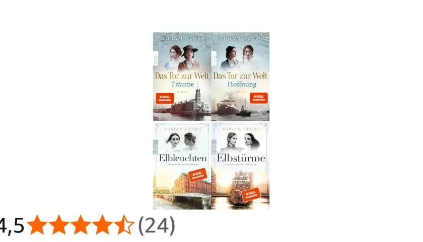Vier Buchcover von Miriam Georg: "Das Tor zur Welt: Träume" und "Hoffnung", sowie "Elbleuchten" und "Elbstürme".