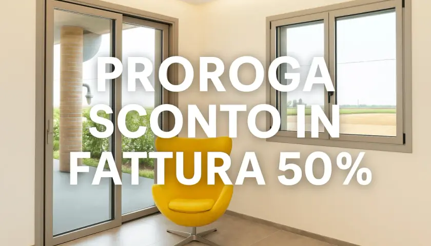 Interno moderno con poltrona gialla e testo "Proroga sconto in fattura 50%".
