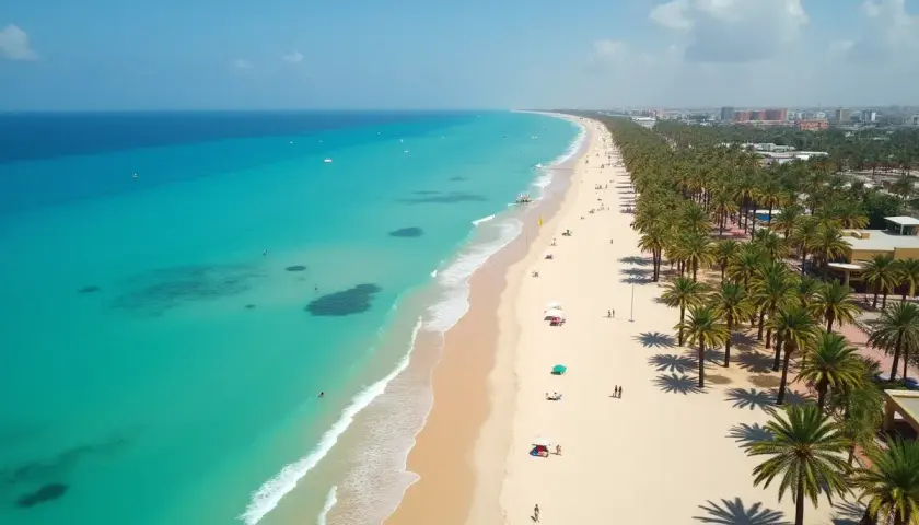 Piękna, piaszczysta plaża z palmami i turkusowym morzem.
