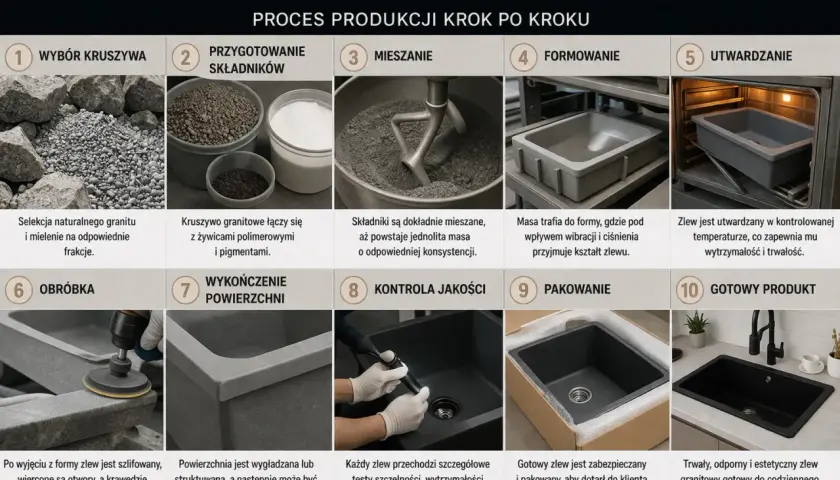 Proces produkcji zlewu granitowego: od kruszywa po gotowy produkt. Zobacz, jak powstaje trwały i estetyczny zlew, który może wymagać impregnacji.