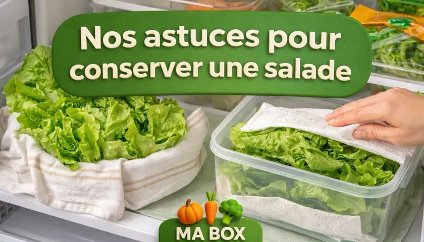 Nos astuces pour conserver une salade fraîche plus longtemps : feuilles de laitue dans un linge et dans une boîte avec du papier absorbant.