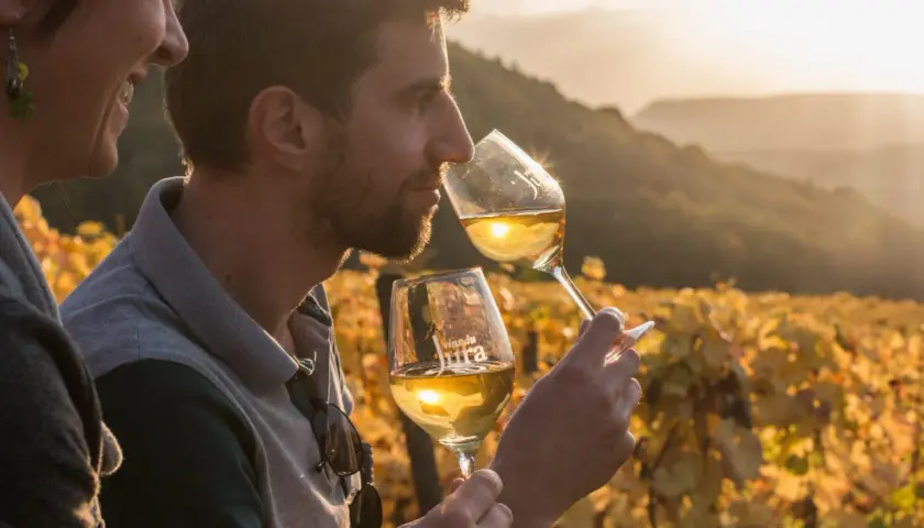 Un couple profite d'une dégustation vin Jura au coucher du soleil, entouré de vignes dorées.