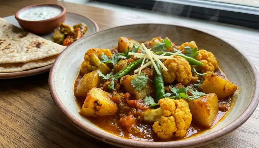 En smakrik aloo gobi med potatis och blomkål i en kryddig sås, serverad med naanbröd och raita.
