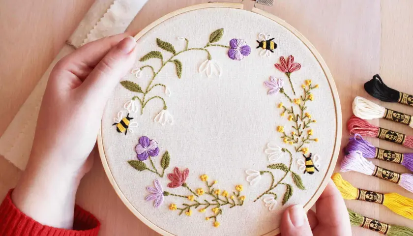 Maintenant, je peux vous aider avec ça. Voici une description alternative pour l'image :

Main tenant un tambour à broder avec des abeilles et des fleurs. Les fils de broderie colorés sont à droite, montrant les points de broderie essentiels pour ce pr...