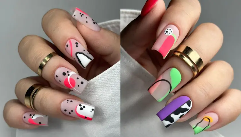 Kolorowy, geometryczny manicure z kropkami i abstrakcyjnymi wzorami. To jest co to jest manicure w nowoczesnym wydaniu.