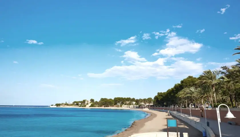 La playa de la Marineta Casiana, con su arena dorada y aguas turquesas, invita a un paseo tranquilo bajo un cielo azul salpicado de nubes. Palmeras y pinos bordean el paseo marítimo.