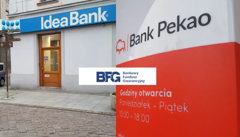 Bank Pekao i Idea Bank obok siebie. Na czerwonym słupie godziny otwarcia: poniedziałek-piątek 10:00-18:00.