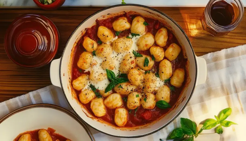 Pyszne, zapiekane gnocchi w sosie pomidorowym, z ciągnącym się serem i świeżą bazylią. Idealne na szybki obiad.