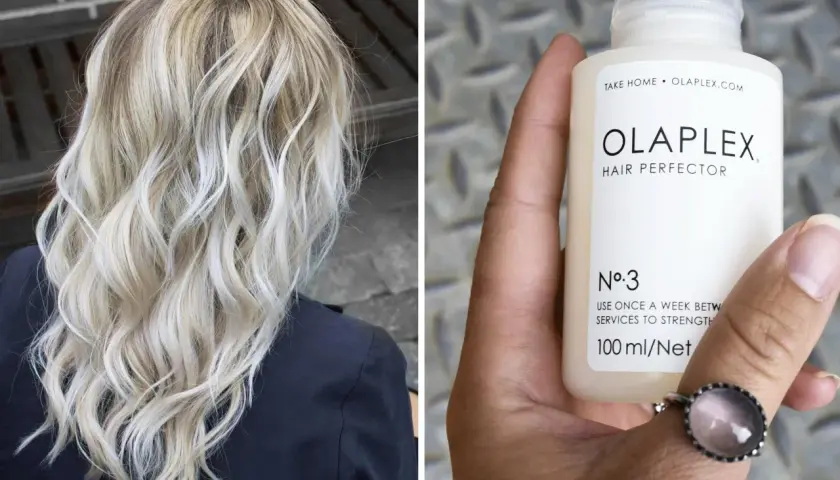 Split image: Left shows blonde wavy hair. Right shows a hand holding an Olaplex Hair Perfector No. 3 bottle.