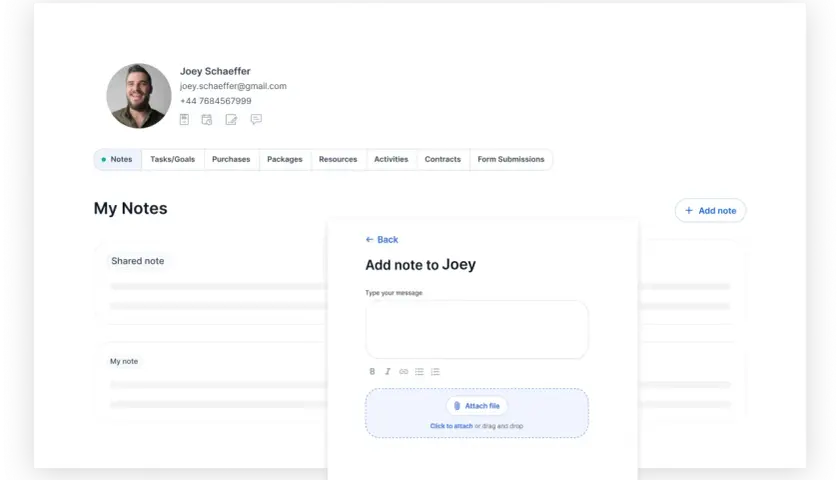 Adding a note to Joey's coaching report. The interface shows a user profile and a section for notes.