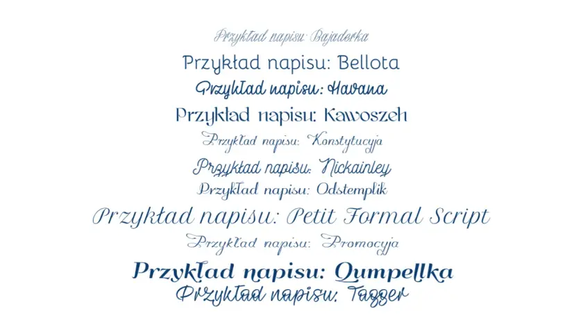 Przykłady napisów w różnych stylach, idealne do projektów z darmowe czcionki z polskimi znakami.