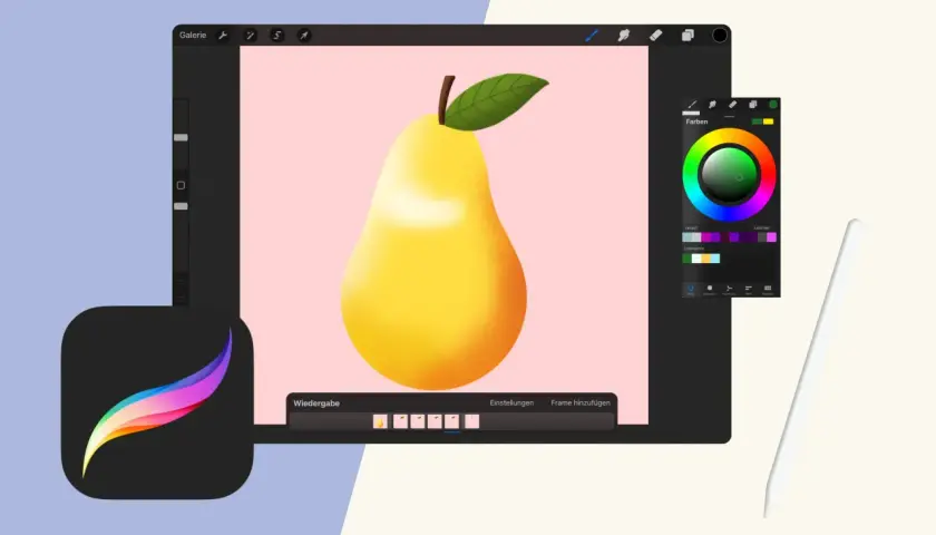 Digitale Kunst mit einer Birne, die auf einem rosa Hintergrund gezeichnet wird. Eine Procreate Alternative mit Farbpalette und Stift.