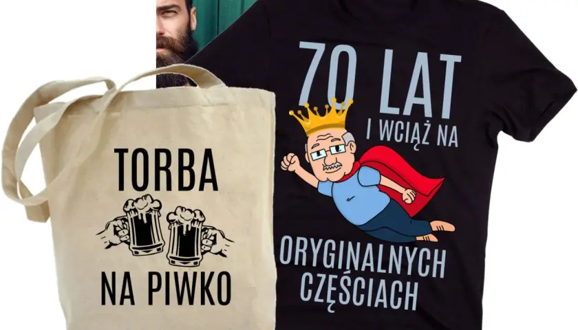 Torba na piwo i koszulka z napisem "70 lat i wciąż na oryginalnych częściach" to idealny zestaw na 70 urodziny.